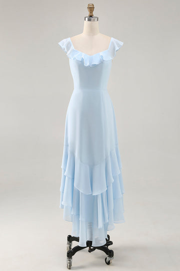 Sky Blue Ruffled Scoop Neck A Line Bridesmaid Dress